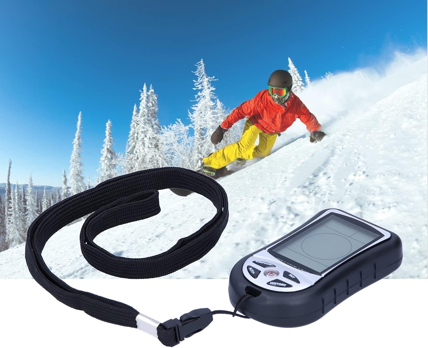 A black wrist strap with a small black electronic device attached, shown in front of a snowy mountain scene with a snowboarder. The product appears to be a personal safety or tracking accessory.