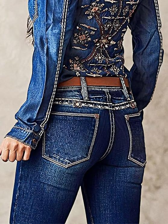 Women's Floral Embroidery Mid Waist High Stretch Bootcut Jeans with Pockets -  BigGreenBear.com clothing 59.99 USD Big Green Bear