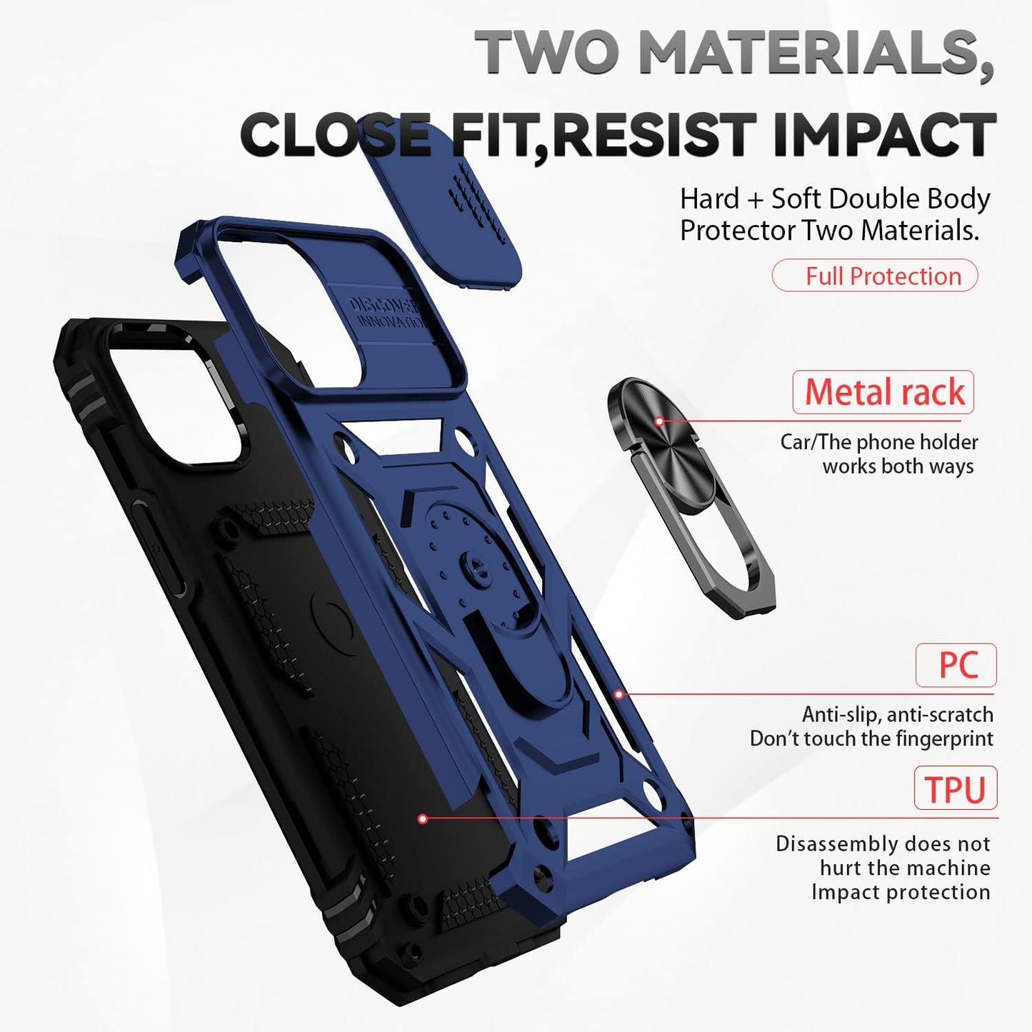 iPhone 13 Case with Screen Protector, Dual Layer Drop Protection, Magnetic Ring Holder - Navy Blue