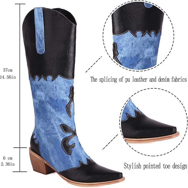Women Denim Cowboy Boots Patchwork Knee High Boots Colorblock Western Cowgirl -  BigGreenBear.com boots 79.99 USD Big Green Bear