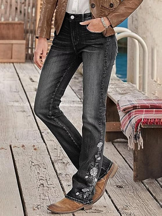 Women's Floral Embroidery Mid Waist High Stretch Bootcut Jeans with Pockets -  BigGreenBear.com clothing 63.99 USD Big Green Bear