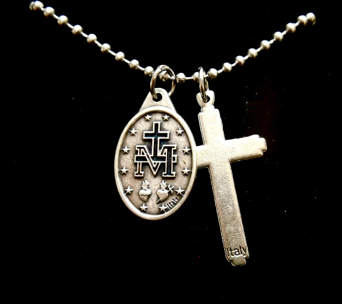 Mens Cross and Miraculous medal Necklace, 30 Inch Stainless Steel Ball Chain -  BigGreenBear.com jewelry 39.99 USD Big Green Bear