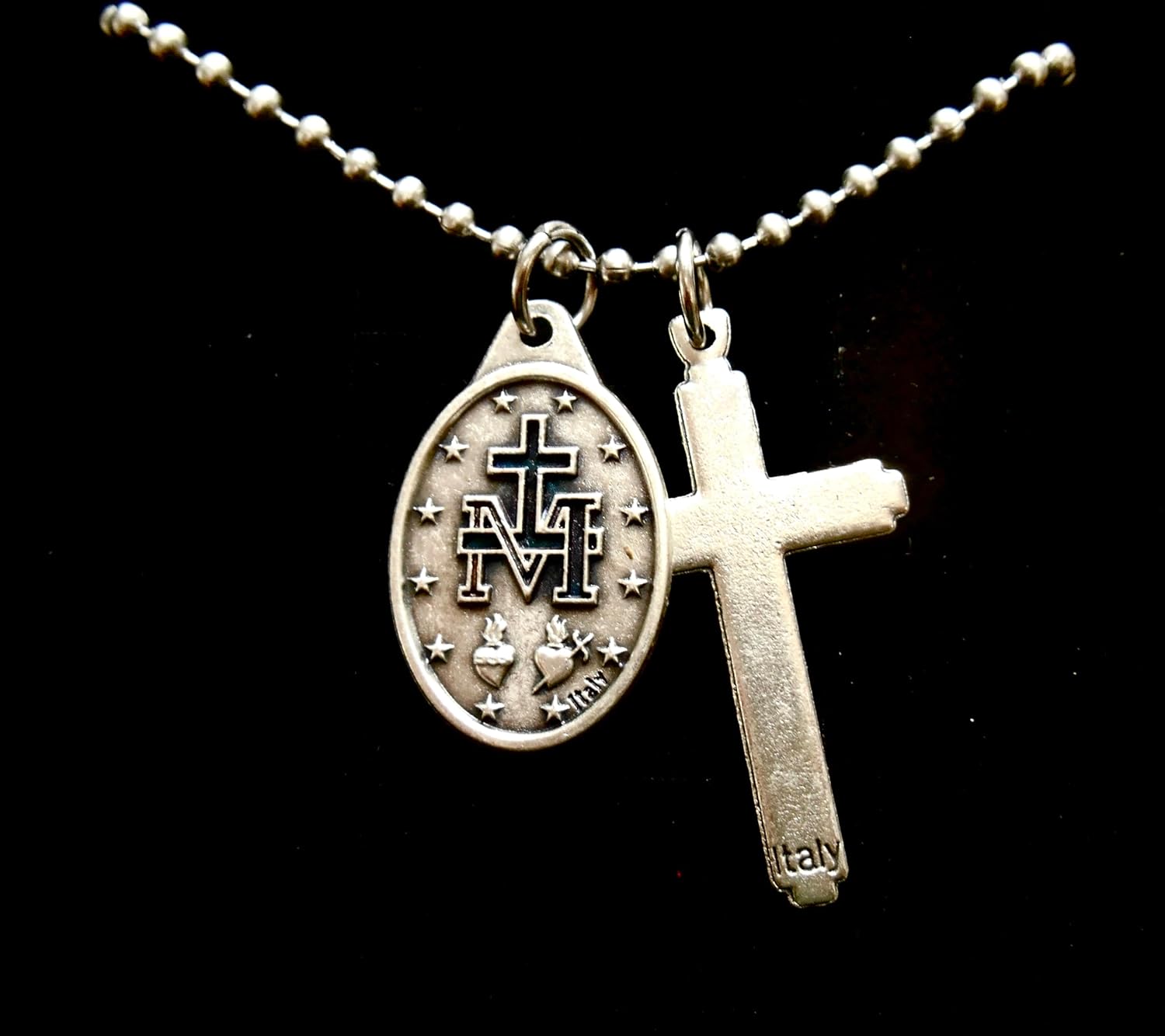 Mens Cross and Miraculous medal Necklace, 30 Inch Stainless Steel Ball Chain -  BigGreenBear.com jewelry 39.99 USD Big Green Bear