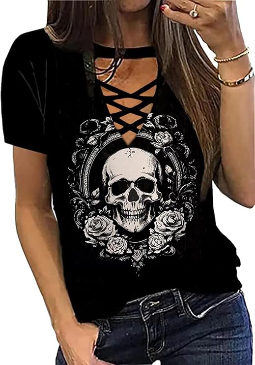 Skull Floral Criss-Cross Hollow Out T-Shirt Women