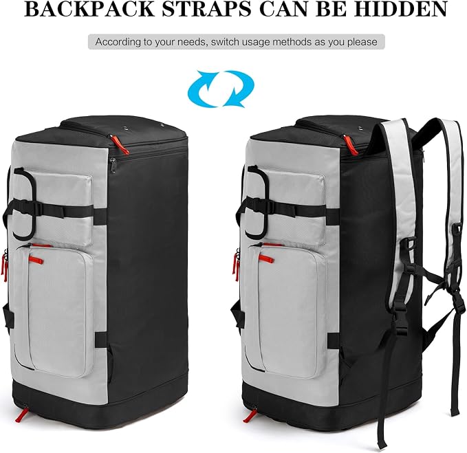 Gray and black backpack with hidden straps, showing both duffel bag and backpack configurations.