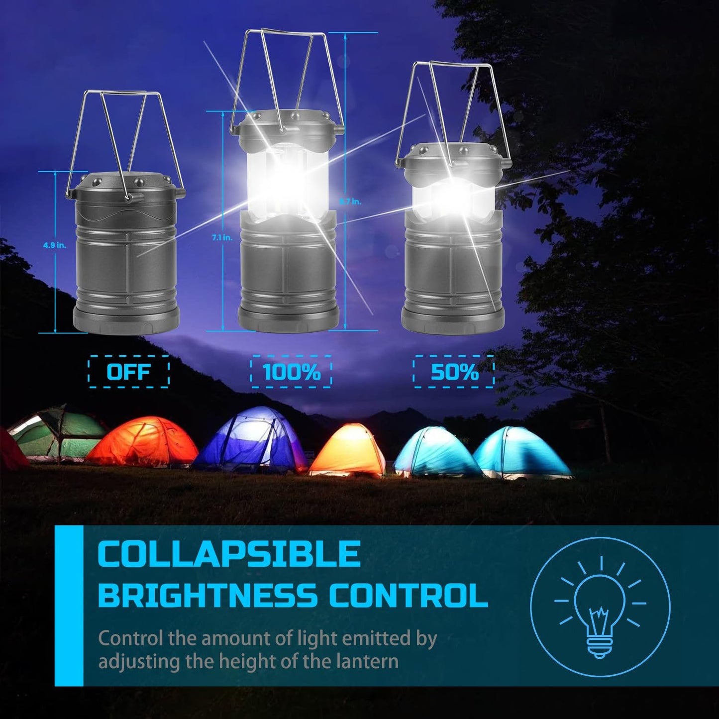 Collapsible lanterns with brightness control feature, shown in use at night with tents.