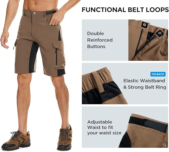 Close-up of deep side zipper pockets on men's hiking shorts for secure gear storage.