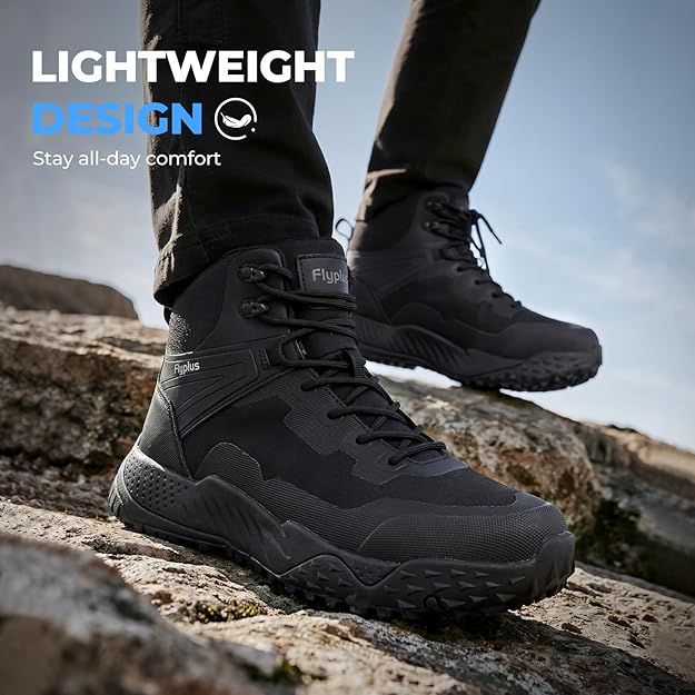 Lightweight tactical boots for men being worn for outdoor hiking and security work