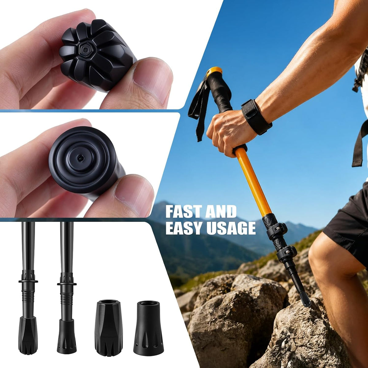 Black adjustable hiking trekking poles with textured rubberized tips and wrist strap, shown in close-up detail shots and a lifestyle outdoor scene on rocky mountains with a hiker holding the pole.