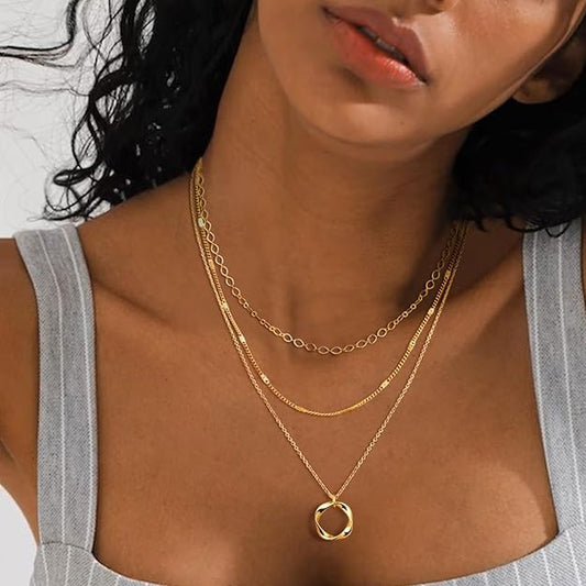 Women's Trendy Stackable 3Layered Necklaces Chain Bar Circle-Gold -  BigGreenBear.com jewelry 24.30