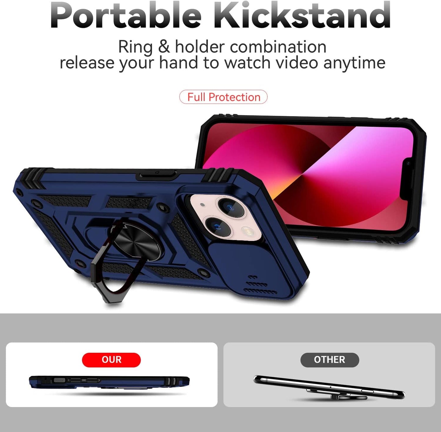 iPhone 13 Case with Screen Protector, Dual Layer Drop Protection, Magnetic Ring Holder - Navy Blue