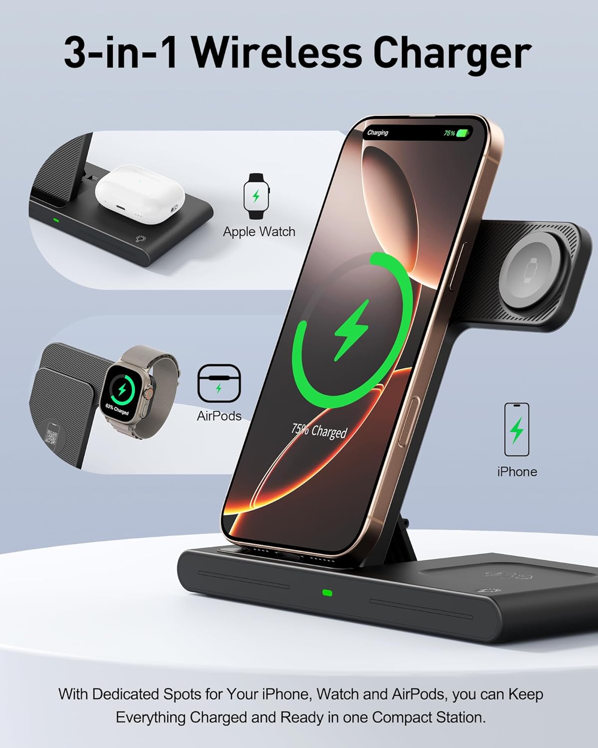 3 in 1 Traveling Portable Wireless Fast Charger for Apple & Android Charging Station - Big Green Bear