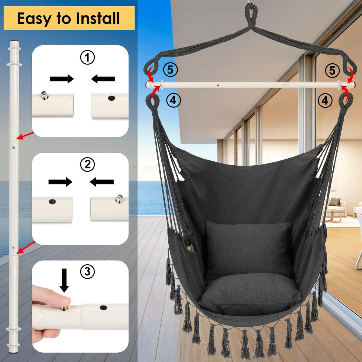 Black hammock chair with installation guide on a blue background