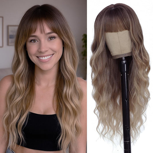 Long Blonde Highlights Wigs with Bangs 26Inch Wavy Curly Hair -  BigGreenBear.com Beauty Products 39.00 USD Big Green Bear