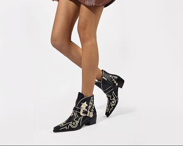 Women’s Western Ankle Boots Star Embroidered Cowgirl Boots Black -  BigGreenBear.com clothing 64.00 USD Big Green Bear