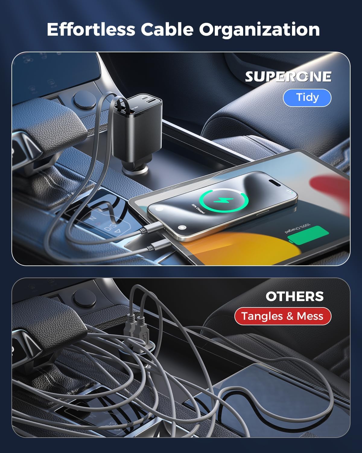 Retractable Car Charger, SUPERONE 69W Car Phone Charger with Cables Fast Charging -  BigGreenBear.com cell phone 14.99