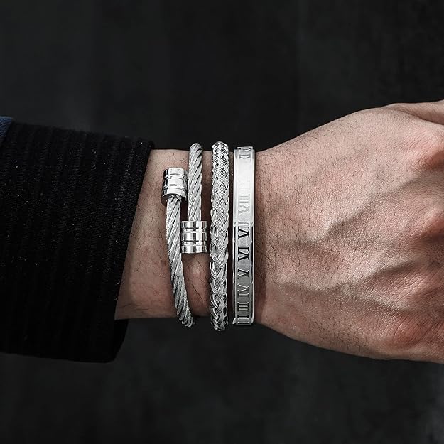 3PCS Men Stainless Steel Bangle Bracelet Twisted Cable Bracelet Adjustable Cuff -  BigGreenBear.com jewelry 19.99 USD Big Green Bear