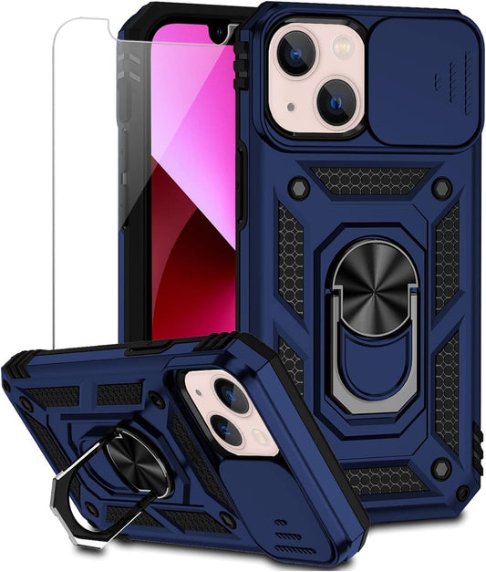 iPhone 13 Case with Screen Protector, Dual Layer Drop Protection, Magnetic Ring Holder - Navy Blue
