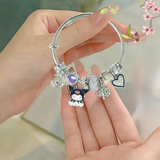 Hello Kitty Cute Charm Bracelet, Adjustable Stainless Steel Composite Bangle -  BigGreenBear.com jewelry 18.99 USD Big Green Bear
