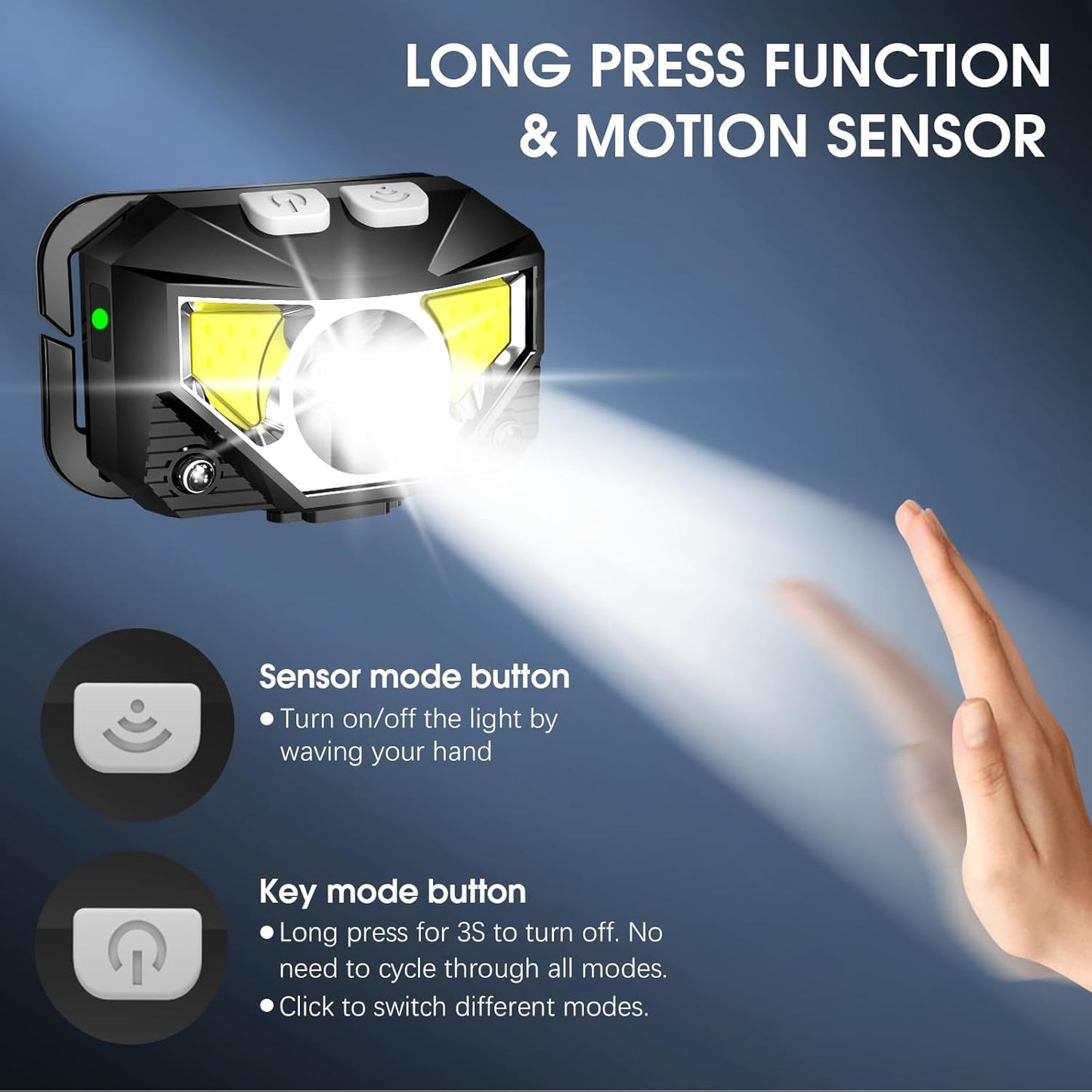 Lighting device with long press function and motion sensor on a blue background