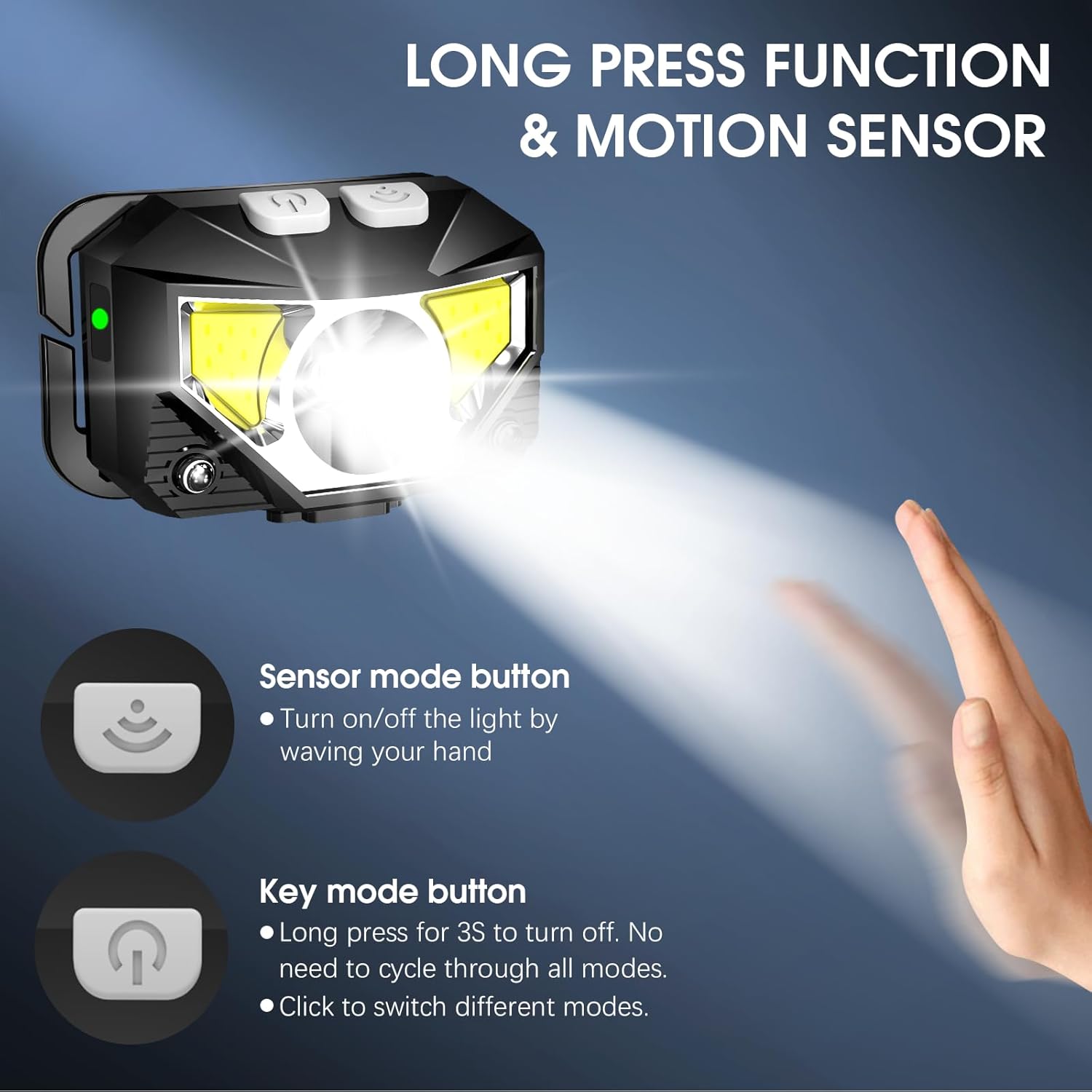 Lighting device with long press function and motion sensor on a blue background