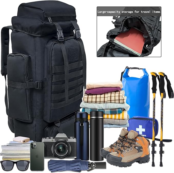 Close-up of heavy-duty waist and chest buckles on a professional trekking rucksack.