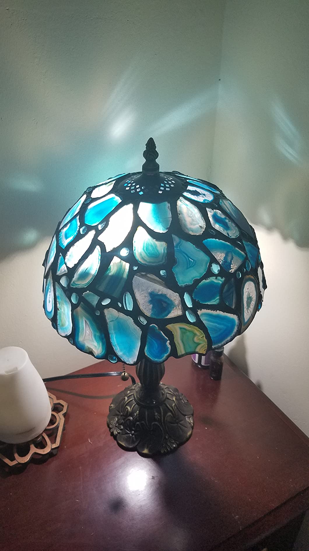 Tiffany Style Table Lamp Purple Stained Glass Agate Vintage Bedside Light