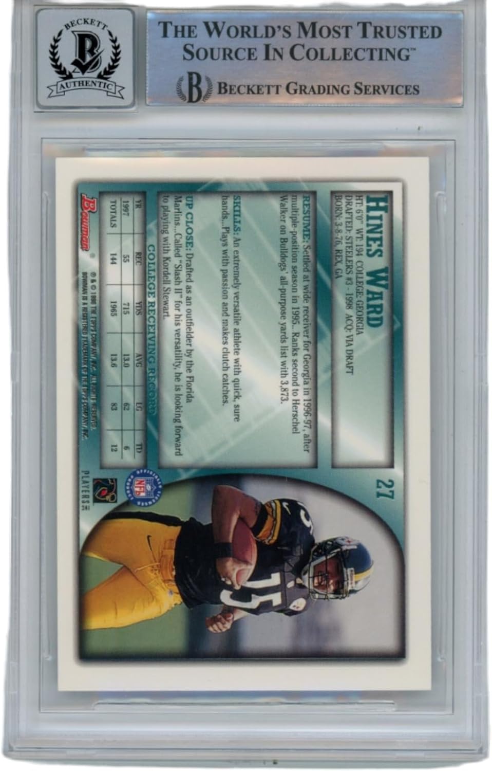 Hines Ward Signed 1998 Bowman #27 Card Grade 10 Auto Beckett -  BigGreenBear.com Football card 145.00 USD Big Green Bear