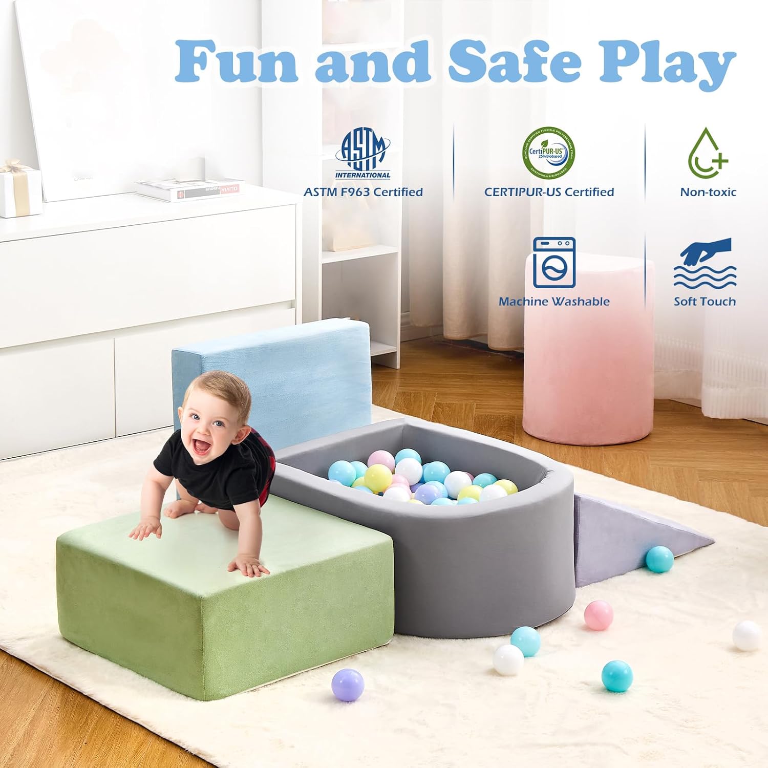 Toddlers , Foam Climbing Blocks with Ball Pit for Baby, 5-Piece