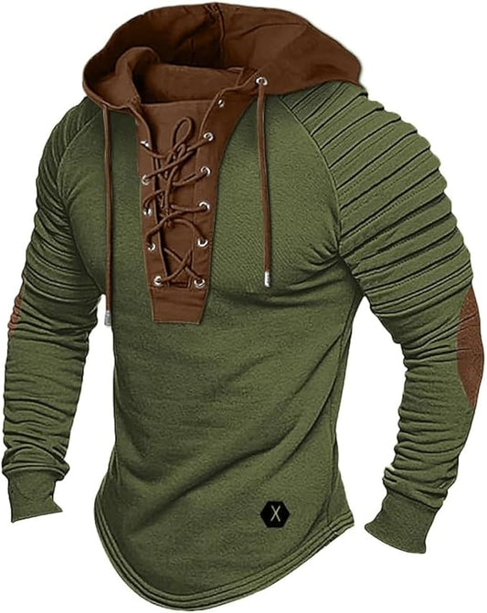 Men's Vintage Lace-Up Henley Hoodie | Tactical Western Tee