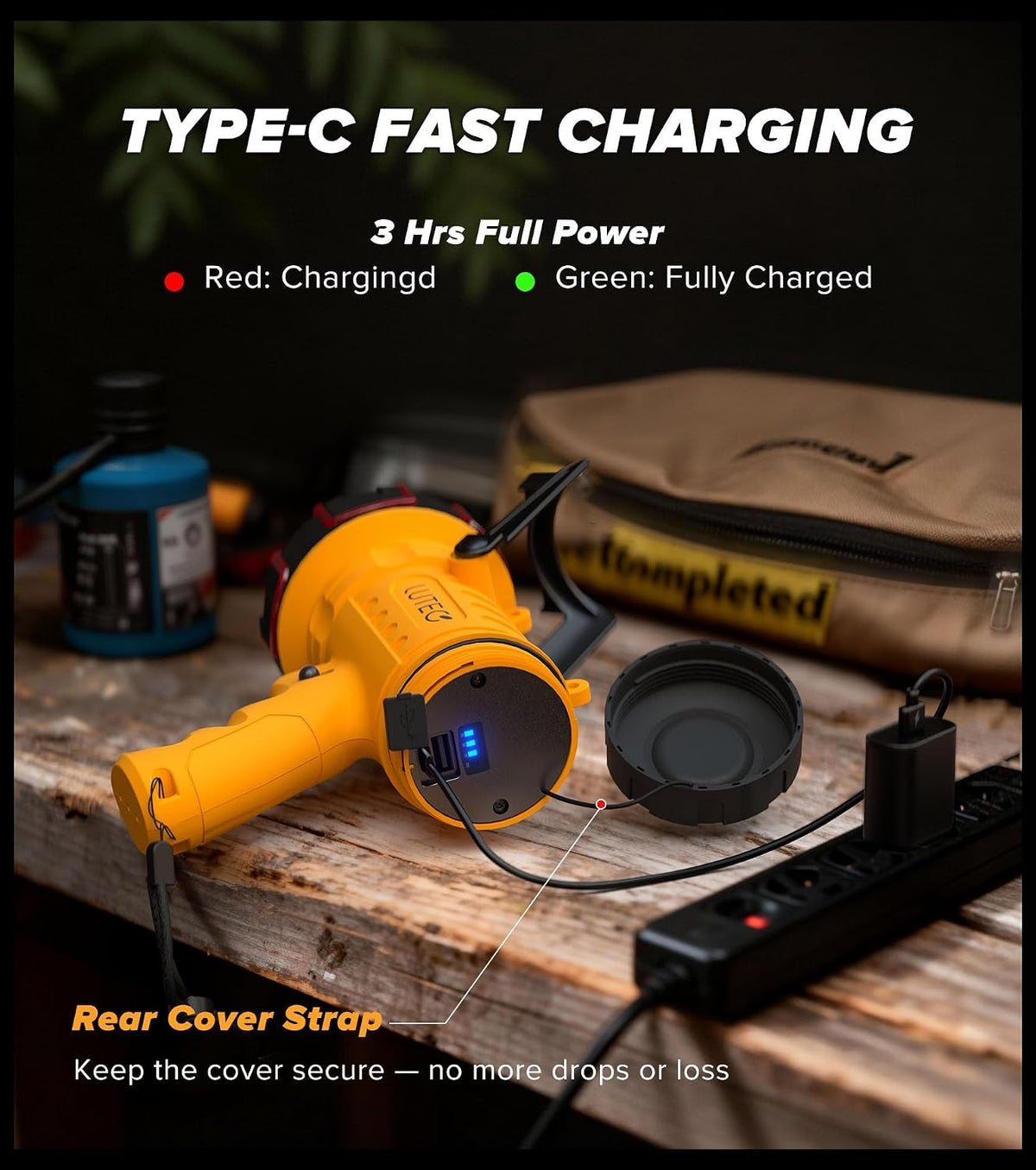 Yellow power tool with charging cable on a wooden surface, showing type-C fast charging features.