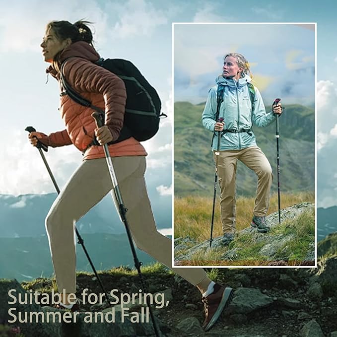 A split outdoor scene showing a woman hiking on a mountain trail in two different jackets. The left side shows her in a rust-orange puffer jacket with beige pants and a black backpack, and the right side shows her in a light blue hooded jacket with tan pants.
