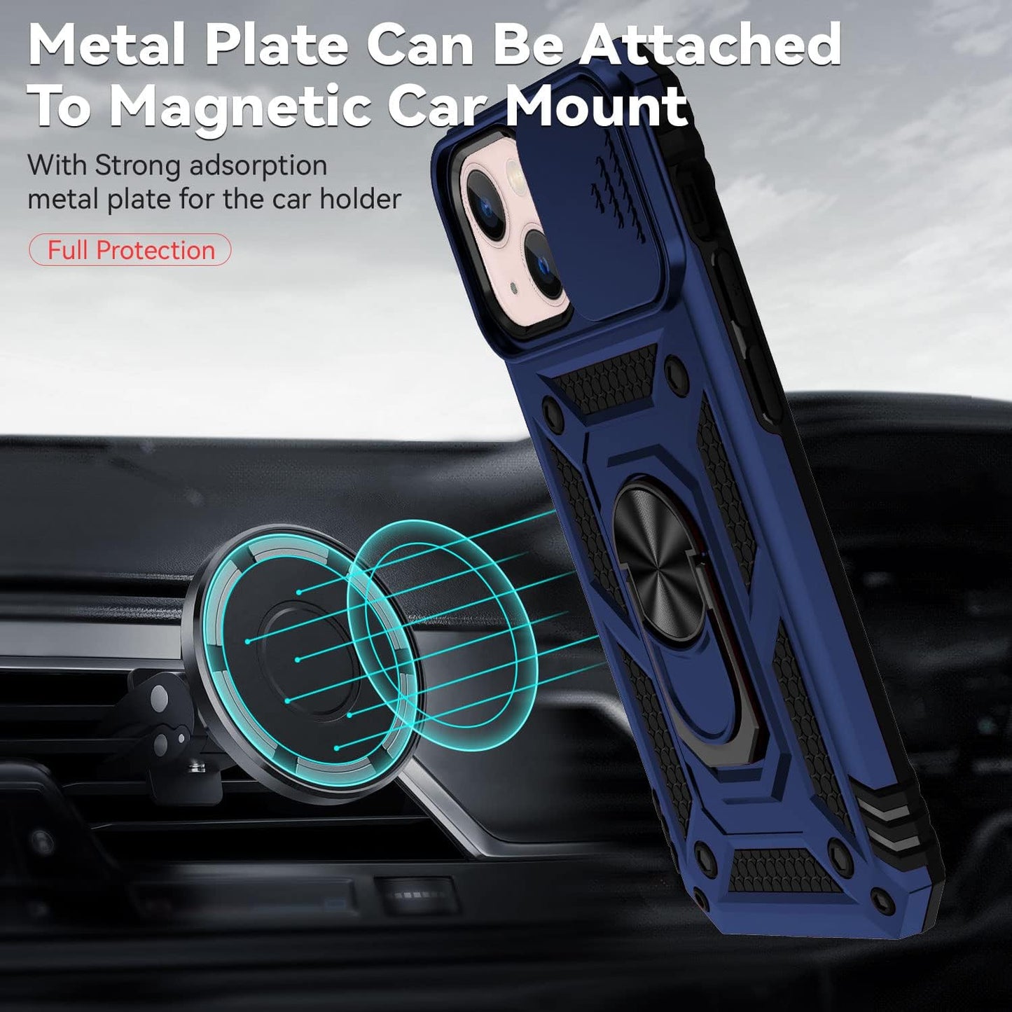 iPhone 13 Case with Screen Protector, Dual Layer Drop Protection, Magnetic Ring Holder - Navy Blue
