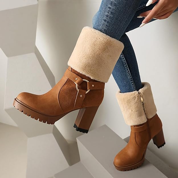 Women's Ankle Boots Platform Boots Side Zip Chunky Heel Booties with Fur -  BigGreenBear.com shoes 49.99 USD Big Green Bear