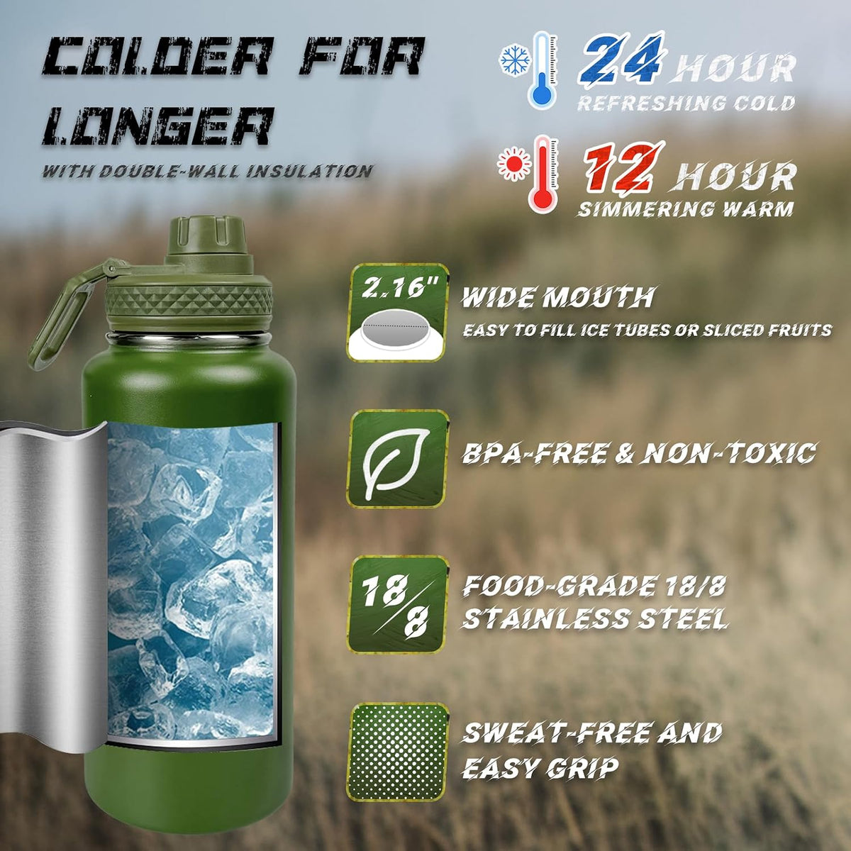 Green insulated water bottle with features highlighted on a blurred natural background
