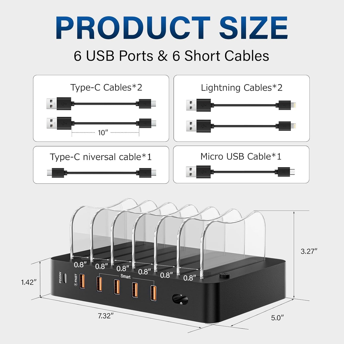 Charging Station for Multiple Devices: 68W 6 Port 20W Fast Phone Charger Dock with 6 Cables