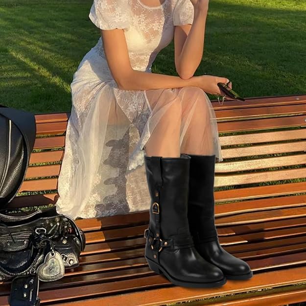 Mid Calf Boots For Women Chunky Low Heel Riding Booties Motorcycle Biker