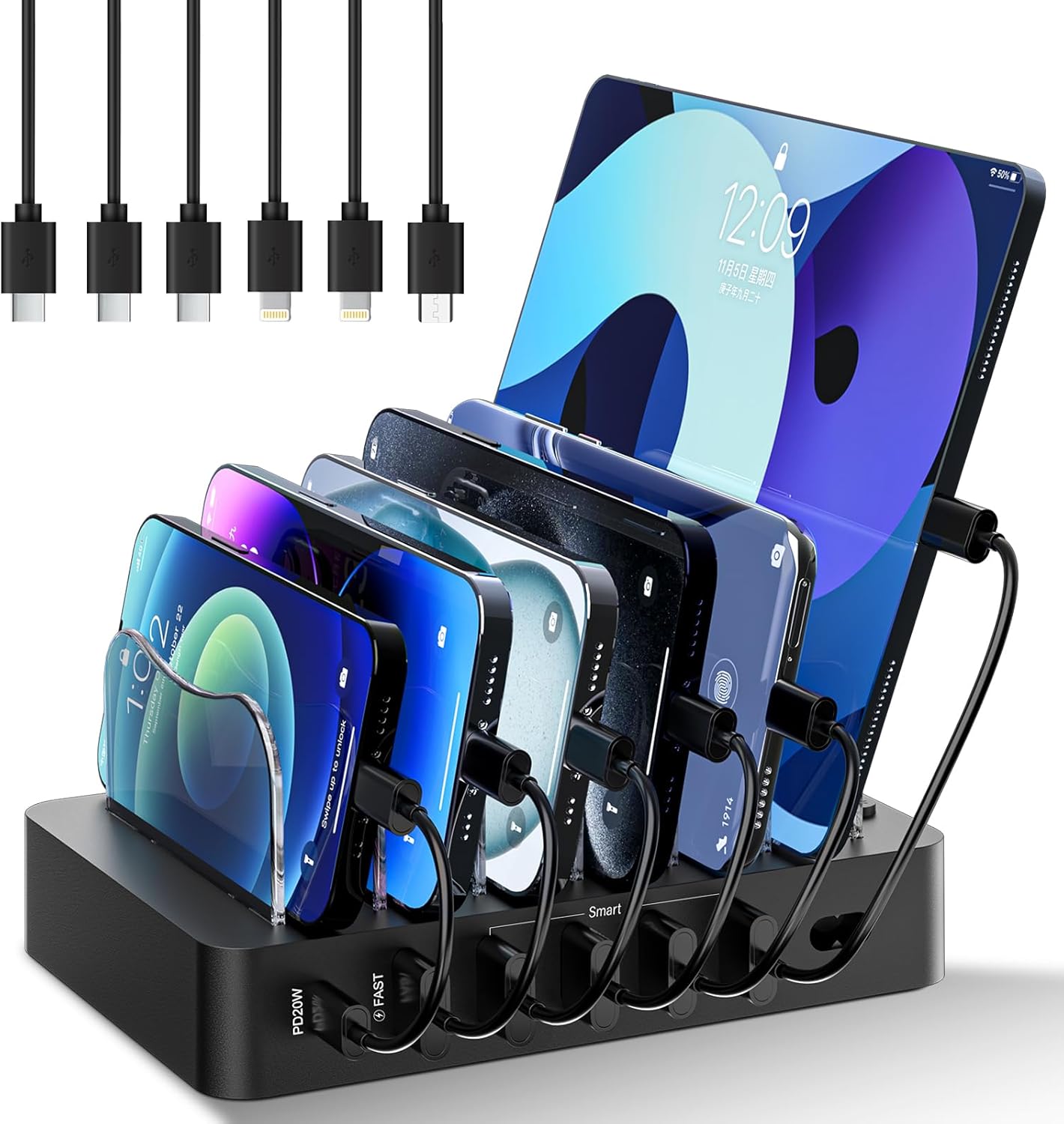 Charging Station for Multiple Devices: 68W 6 Port 20W Fast Phone Charger Dock with 6 Cables