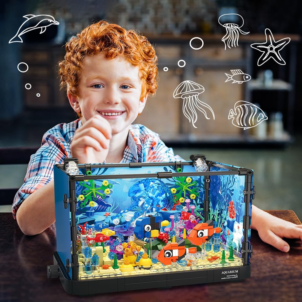 Fish Tank Building Set with LED Light - Movable Aquarium Building Toys for Adults Kids | 725PCS -  BigGreenBear.com Building Toys 59.99 USD Big Green Bear