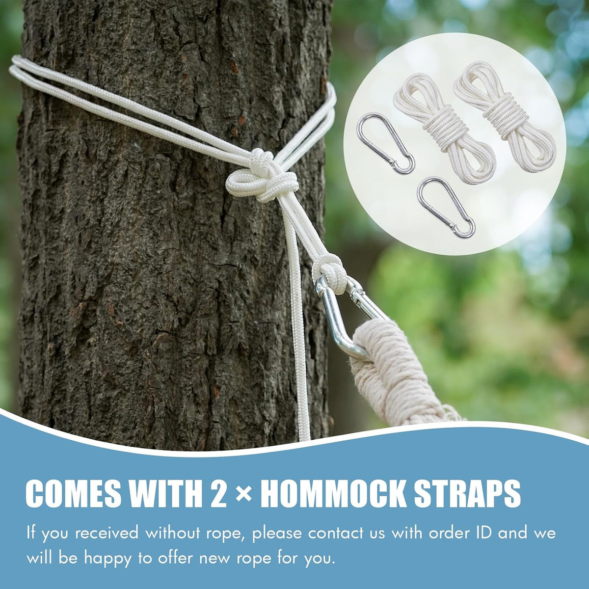 Hammock straps attached to a tree with a close-up of straps and carabiners on a white background.