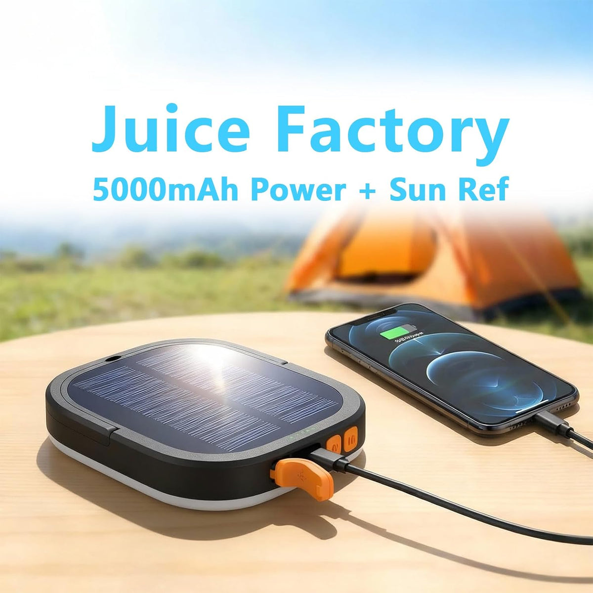 Solar power bank with phone charging, camping scene in background, 'Juice Factory' branding.