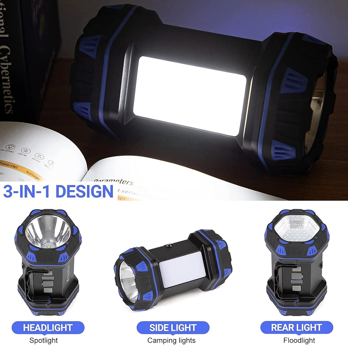 Multifunctional flashlight with 3-in-1 design on a dark background