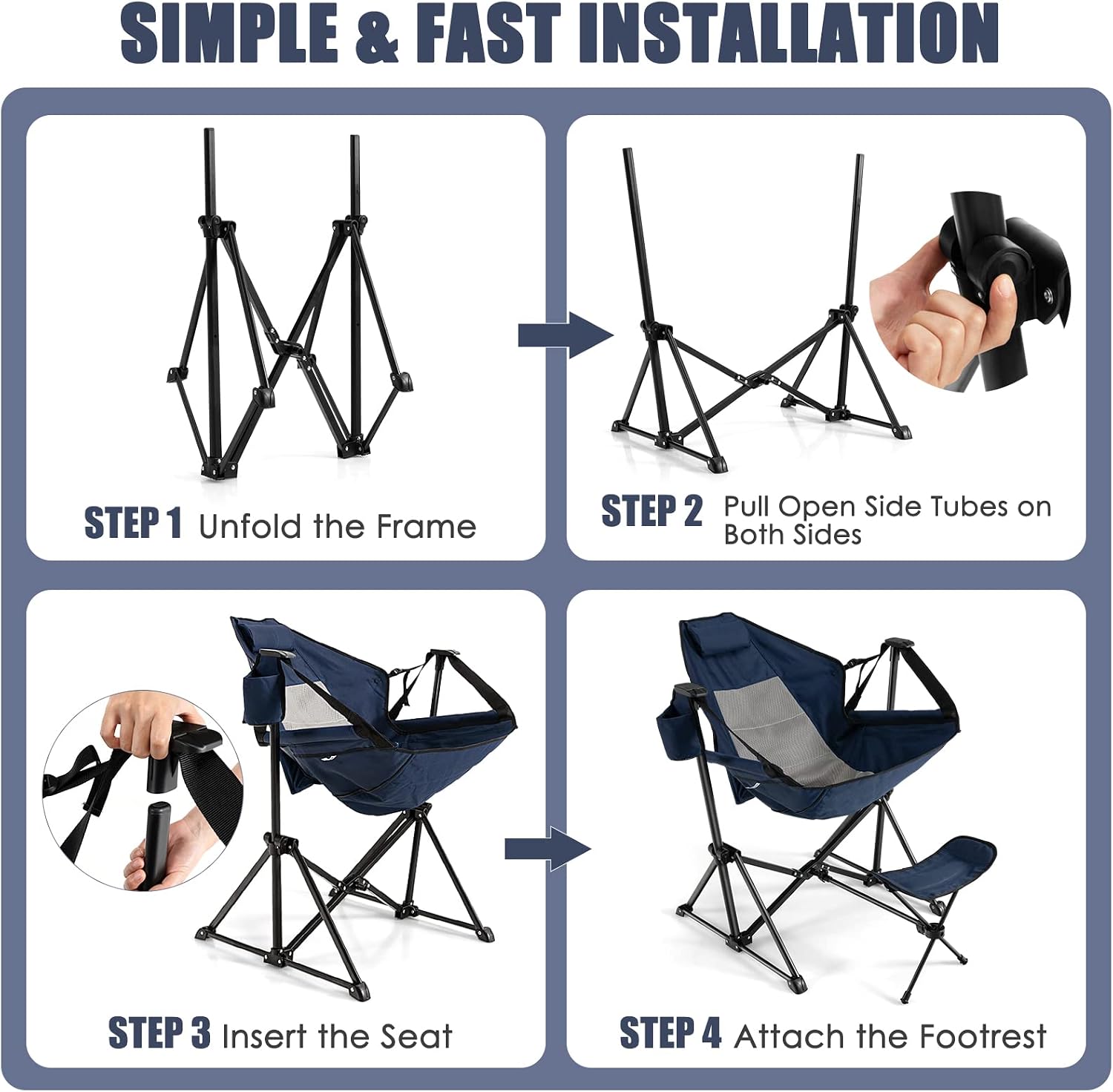 Installation guide diagram showing a four-step process to set up a folding camp chair: unfold the frame, pull open side tubes, insert the seat, and attach the footrest.