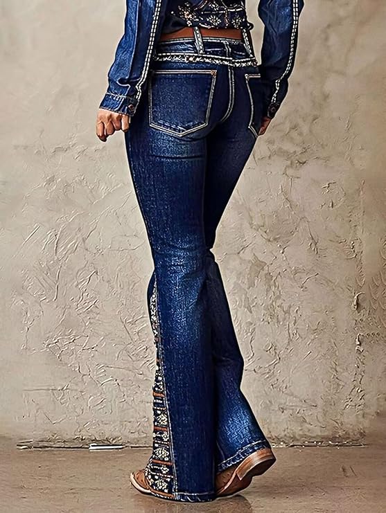 Women's Floral Embroidery Mid Waist High Stretch Bootcut Jeans with Pockets -  BigGreenBear.com clothing 59.99 USD Big Green Bear