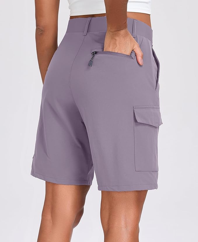 Women's 9 inch Bermuda hiking cargo shorts in black with multi-pockets and belt loops.