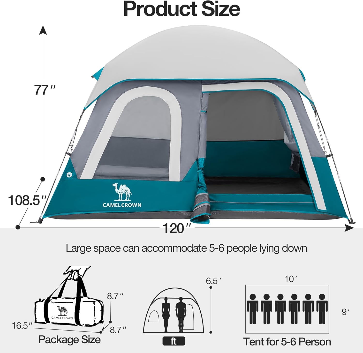 Spacious 6-person family tent by CAMEL CROWN, 77 inches tall with waterproof Oxford fabric and portable storage bag.
