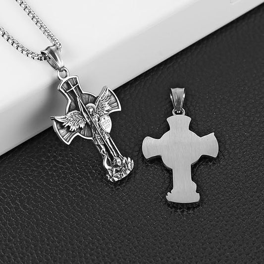 St. Michael Archangel Cross Necklace Men Stainless Steel Protect Amulet Pendant -  BigGreenBear.com jew 19.99 USD Big Green Bear