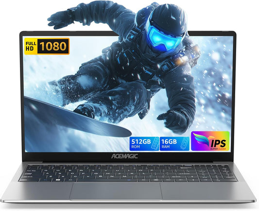 ACEMAGIC 15.6" Ultra Slim Laptop 16GB RAM 512GB SSD Intel N97 Notebook Gamer 1920*1080 Display Office Study Computer Windows 11