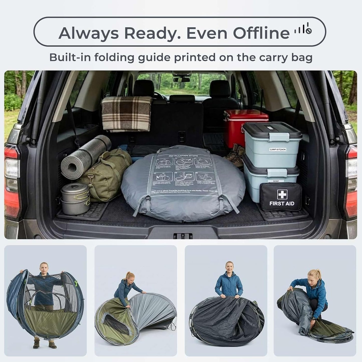 Car trunk with camping gear, including a sleeping bag and first aid kit, with text about built-in folding guide.