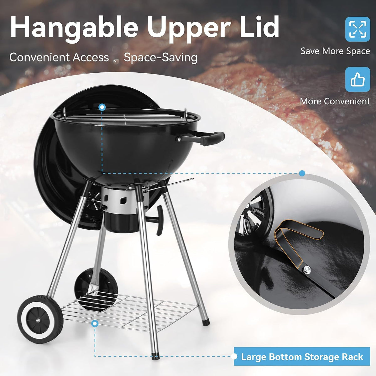 Black barbecue grill with hangable upper lid feature on a white background